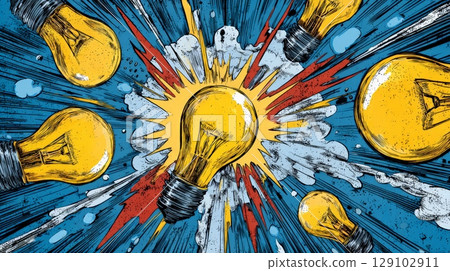 Light bulbs exploding creating new ideas in comic style 129102911