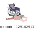 Color illustration of an old man falling from his wheelchair 129102913