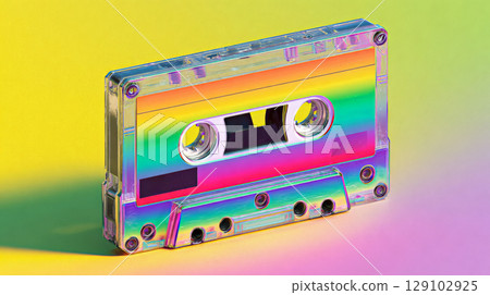 Rainbow colored cassette tape lies on gradient background Rainbow colored cassette tape lies on gradient background 129102925