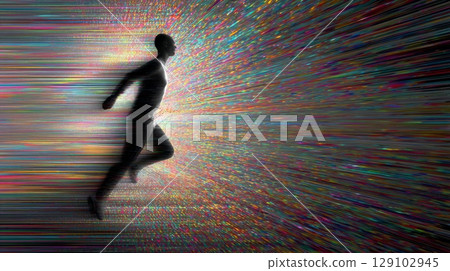 Bald man running into colorful data stream and entering metaverse 129102945
