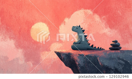 Cute dragon meditating on a cliff at sunset: achieving inner peace and mindfulness Cute dragon meditating on a cliff at sunset: achieving inner peace and mindfulness 129102946