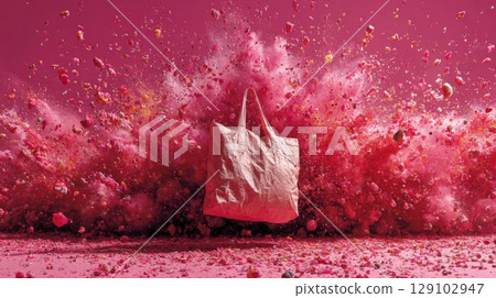 Reusable shopping bag emerging from a colorful explosion of recycled materials 129102947