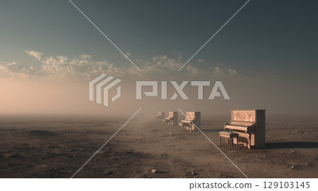 Pianos standing in a row in misty desert at sunset creating surreal atmosphere 129103145
