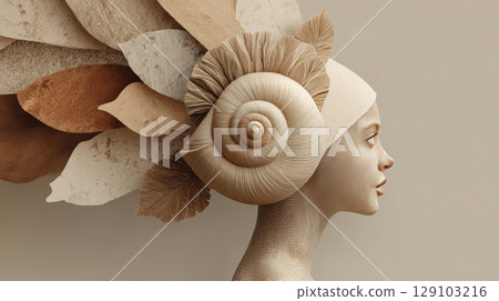 Woman wearing seashell and leaves hat posing in profile view 129103216