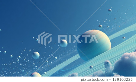 Planet with rings orbiting in a blue nebula with clouds 129103225