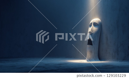 Screaming melted face emerging from wall under spotlight 129103229