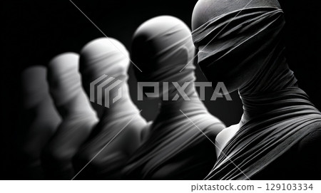 Group of people with covered faces symbolizing censorship and lack of freedom 129103334