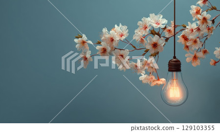 Blooming cherry tree branch illuminating light bulb on teal background 129103355