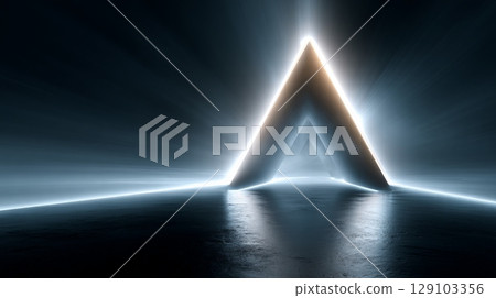 Bright neon lights illuminating futuristic metallic triangular structure in dark empty space 129103356