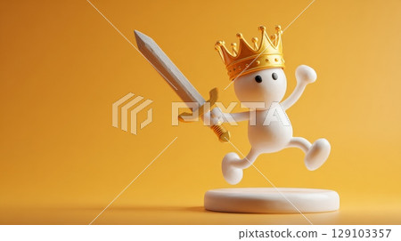 King jumping with sword and crown celebrating victory on yellow background 129103357