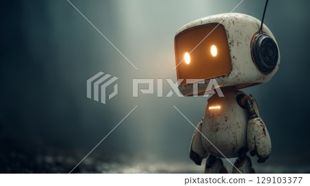Small vintage robot exploring dark environment with glowing eyes Small vintage robot exploring dark environment with glowing eyes 129103377