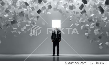 Businessman with glowing square head standing amidst flying papers Businessman with glowing square head standing amidst flying papers 129103379