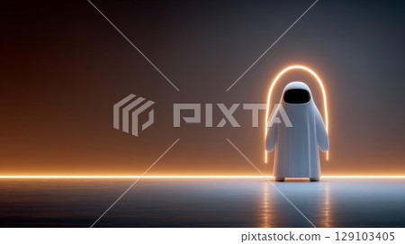 White robot holding neon arch in futuristic room White robot holding neon arch in futuristic room 129103405