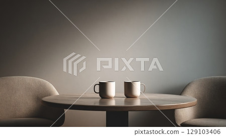 Two coffee cups sit on a round wooden table in a modern minimalist cafe, creating a peaceful atmosphere Two coffee cups sit on a round wooden table in a modern minimalist cafe, creating a peaceful atmosphere 129103406