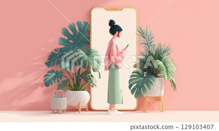 Young woman using smartphone next to giant phone-shaped mirror with plants on each side Young woman using smartphone next to giant phone-shaped mirror with plants on each side 129103407