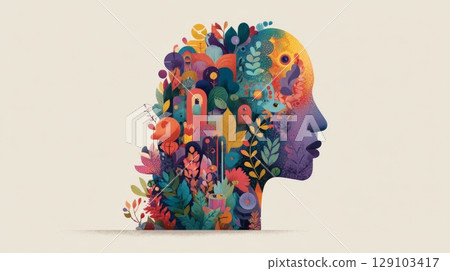 Human head silhouette filled with colorful fantasy nature illustrating imagination and creativity Human head silhouette filled with colorful fantasy nature illustrating imagination and creativity 129103417