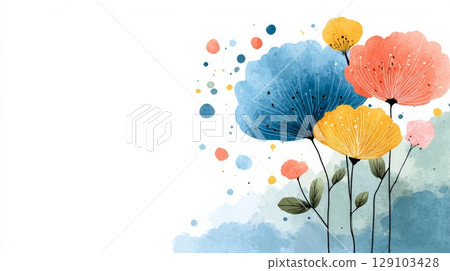 Colorful watercolor flowers creating a vibrant and abstract floral background 129103428