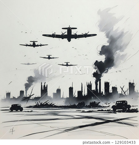 二戰戰鬥機飛越廢墟城市 / 水彩風格戰爭插圖 129103433