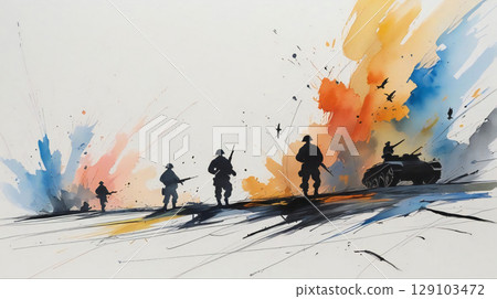 二戰前線士兵 / 水彩風格戰爭插畫 二戰前線士兵 / 水彩風格戰爭插畫 129103472