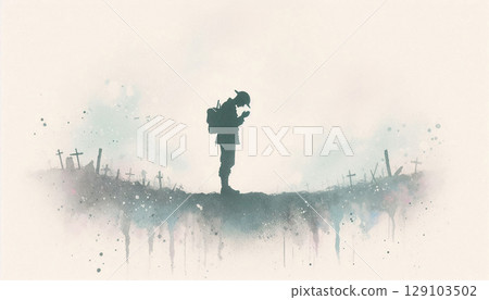 一名士兵佇立於戰後荒野 / 水彩風格戰爭插畫 129103502