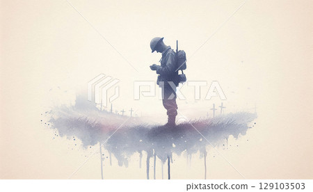 一名士兵佇立於戰後荒野 / 水彩風格戰爭插畫 129103503