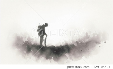 一名士兵佇立於戰後荒野 / 水彩風格戰爭插畫 129103504