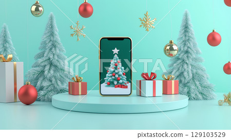 薄荷綠的聖誕空間,智慧型手機螢幕上映照著一棵樹 薄荷綠的聖誕空間,智慧型手機螢幕上映照著一棵樹 129103529