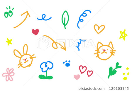 Colorful hand-drawn doodle-style illustration set (rabbit, cat, arrow, heart, etc.) 129103545