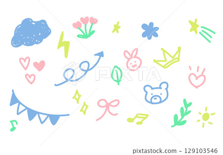 Pastel colored hand-drawn doodle material set (clouds, ribbons, bears, crowns, flowers, musical notes, etc.) 129103546