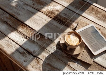 Cozy Workspace with Wireless Tablet, Coffee Cup on Wooden Desk, Sunlight and Natural Atmosphere Cozy Workspace with Wireless Tablet, Coffee Cup on Wooden Desk, Sunlight and Natural Atmosphere 129103587