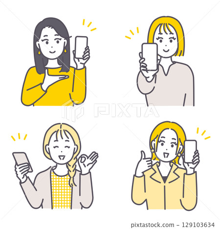 插畫素材:一位年輕女子展示她的智慧型手機並進行推薦 插畫素材:一位年輕女子展示她的智慧型手機並進行推薦 129103634