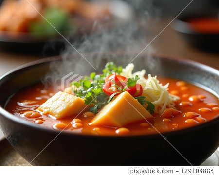 Rustic Kimchi Soup with Tofu and Melted Cheese 129103883