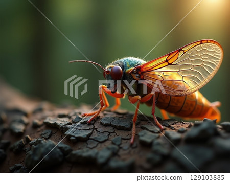 Macro Cicada with Translucent Veins Resting on Cracked Tree Bark under Warm Forest Light 129103885