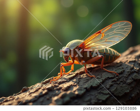Green Cicada with Orange Legs and Translucent Veined Wings Perched on Tree Branch under Forest Light 129103886