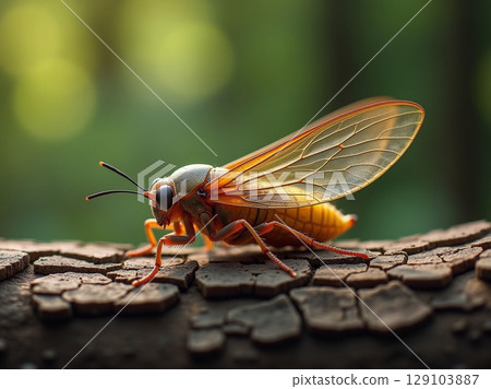 Reddish Cicada with Orange Veined Wings Resting on Bark with Soft Forest Background 129103887