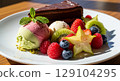 Assorted berries, ice cream and cake 129104295