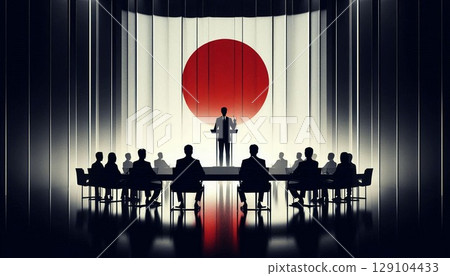 [日本政治/外交] 以國旗為背景的商務/政治人物會議（剪影插圖） 129104433