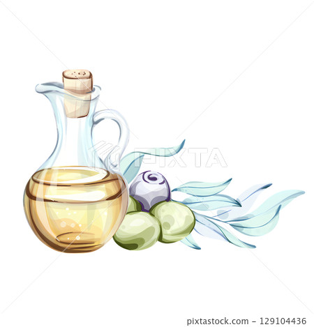 Beautiful watercolor illustration of olives and olive oil inspired by Italian cuisine and nature Beautiful watercolor illustration of olives and olive oil inspired by Italian cuisine and nature 129104436