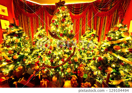 A room with a Christmas tree 129104494