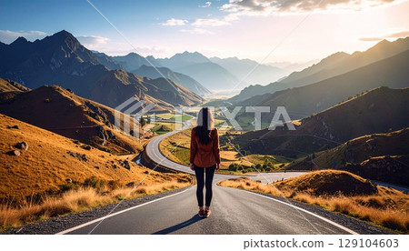 Back view of a woman thinking about which way to go 129104603