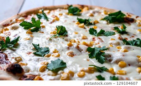 Homemade corn mayonnaise pizza with plenty of corn 129104607