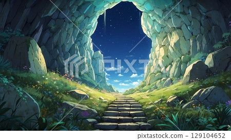 遊戲背景：通往地下城出口的樓梯和清晨的天空 129104652