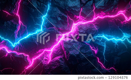 Blue and pink lightning bolts running through cracks in black rock background - powerful texture 129104876