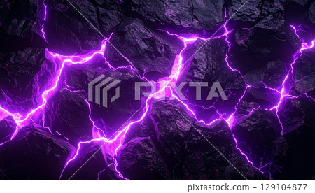 Purple lightning bolts running through cracks in black rock background - powerful texture 129104877