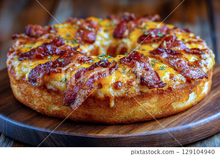 A non-sweet savory doughnut topped with bacon and cheese 129104940