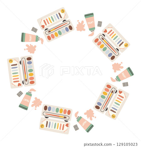 Simple school circle frame. Round school themed border made of different school objects. Soft pastel colors back to school hand drawn vector banner isolated on white background. Simple school circle frame. Round school themed border made of different school objects. Soft pastel colors back to school hand drawn vector banner isolated on white background. 129105023