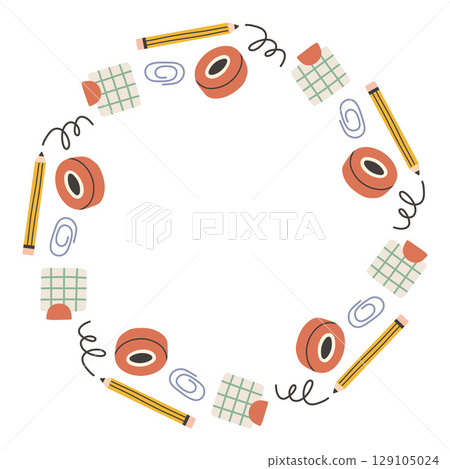 Simple school circle frame. Round school themed border made of different school objects. Soft pastel colors back to school hand drawn vector banner isolated on white background. Simple school circle frame. Round school themed border made of different school objects. Soft pastel colors back to school hand drawn vector banner isolated on white background. 129105024