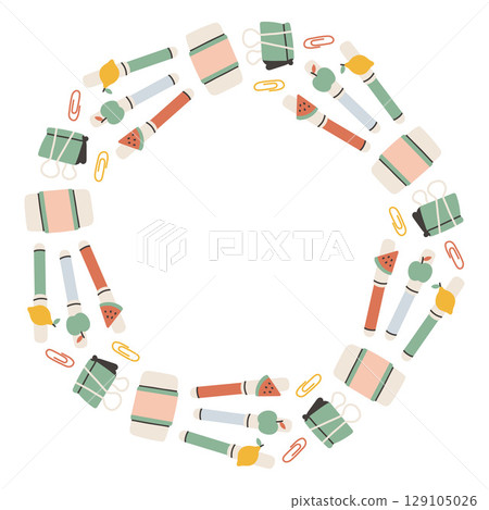 Simple school circle frame. Round school themed border made of different school objects. Soft pastel colors back to school hand drawn vector banner isolated on white background. 129105026