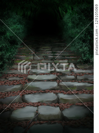 Landscape illustration of mossy stone steps leading into the darkness in the dark mountains 129105069