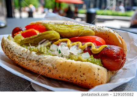 A perfect Chicago-style hot dog in a poppy seed bun 129105082